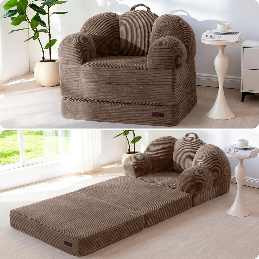 MAXYOYO Folding Sofa Bed, Floral-Shaped Convertible Floor Sofa Couch withBackrest, 2 in 1 Comfy Lounger Bean Bag Chair with Handle, Floor Single Couch for Living Room Bedroom, Brown