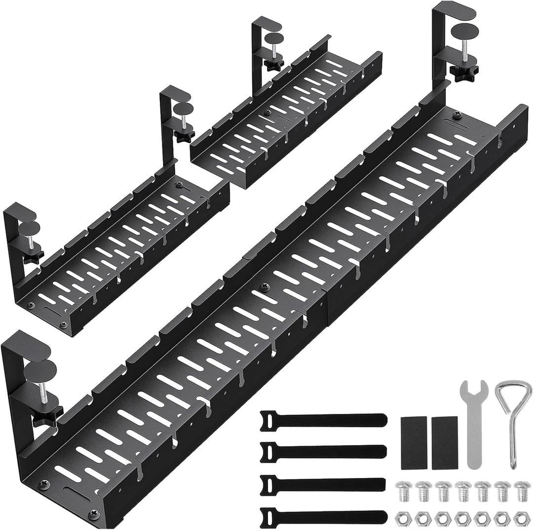 31Inch Extendable Under Desk Cable Management Tray, Black Metal Cable Management Tray Under Desk Cord Management with Clamp, 31 Inch x 4.33 Inch
