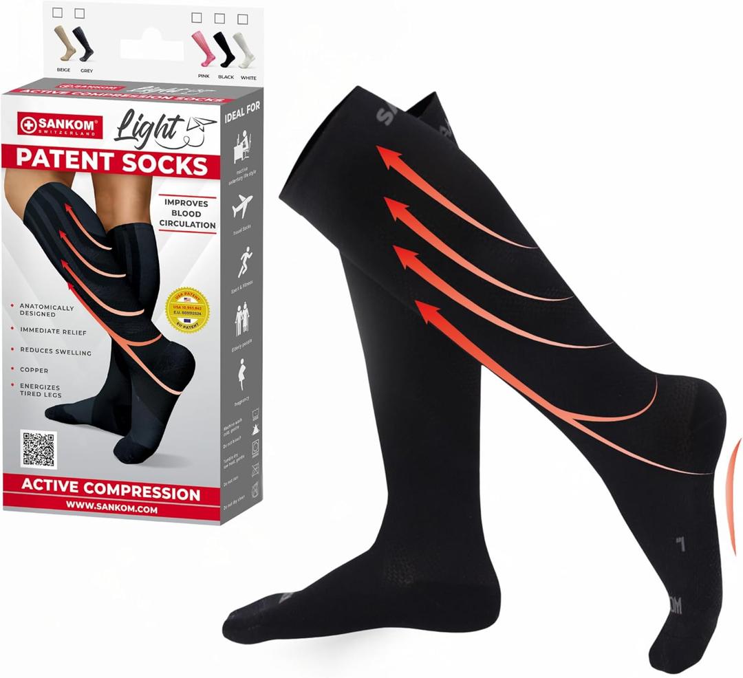 Compression Socks for Women - Swiss Designed Patented 4-Step Active Graduated Compression Socks for Travel and Flight - Suitable Socks for Pregnant Women & Nurses - Best for Everyday Wear (Black)