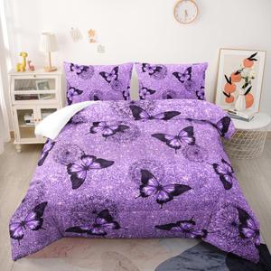 Violet Butterfly Comforter Set - Full Size Kids Bedding with 1 Comforter and 2 Pillowcases - Butterfly & Dandelion Pattern All Season