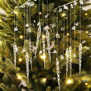 Seeloowy 6 Pack Large Crystal Icicles Ornaments Picks for Christmas Tree, 23 Inch Acrylic Christmas Tree Hanging Decor Clear Beaded Artificial Icicle Drop Picks for Winter Holiday Party Decor