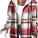 Womens Lightweight Casual Jacket Plaid Long Sleeve Shacket Fleece Lined Hooded Jackets Warm Coat, Red XL