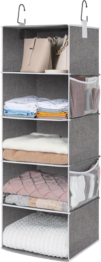 StorageWorks Hanging Closet Organizer, 5-Shelf Hanging Shelves with 2 Hooks, Foldable Space-Saving Design, Closet Organizers and Storage for Bedroom, Dorm, Locker, Gray, 12 12"D x 15" W x 48" H