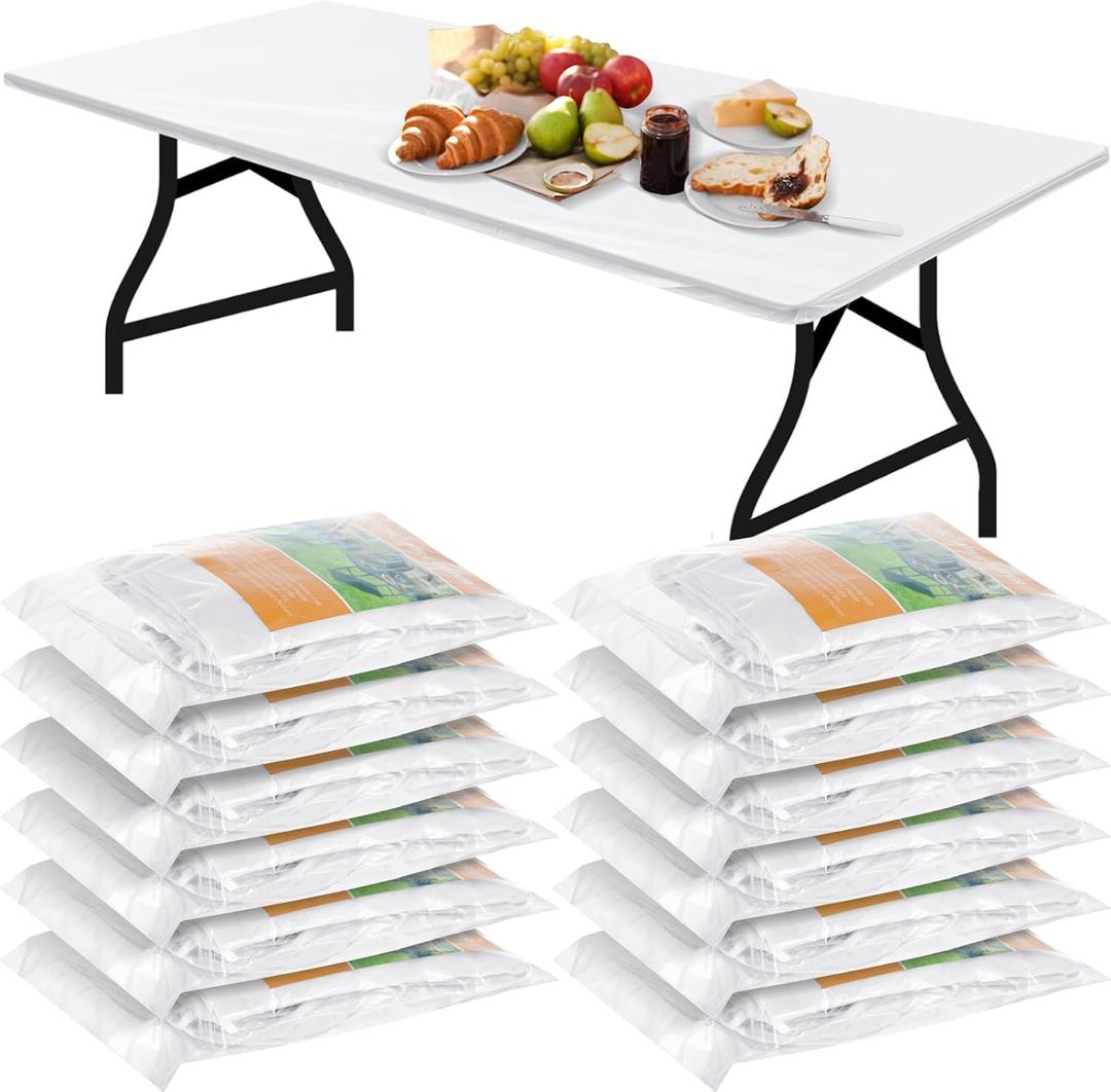 Boao 12 Pcs Plastic Table Cloths Disposable for Parties Picnic Table Covers with Elastic Fitted Elastic Desk Cover Rectangle Waterproof for Indoor, Outdoor, Picnic, Camping(6 Ft, 72 x 30 Inch,White)