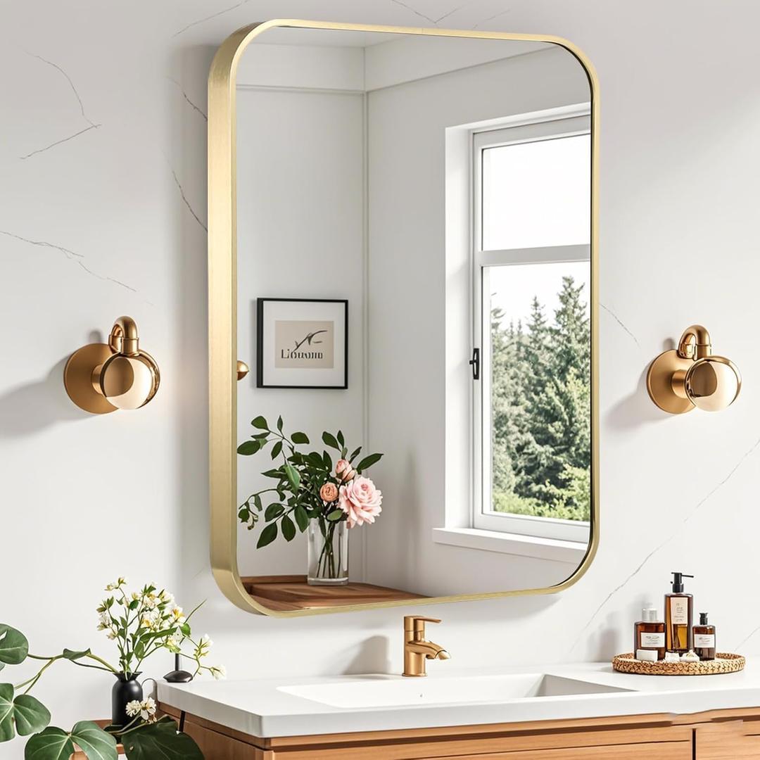 Gold Bathroom Mirror, 24x36 Inch Brushed Gold Mirror, Aluminum Alloy Framed Vanity Mirror, Rounded Rectangle Mirror for Over Sink, Anti-Rust (Horizontally or Vertically)