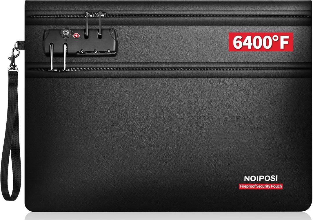Noiposi 6400 Fireproof Document Bag with Lock, Dual-Zip Compartments Fireproof Money Bag for Cash and Documents,12 Layers Heat Insulated Fireproof Bag with Zipper, Protects Important Papers, Valuables (Black)