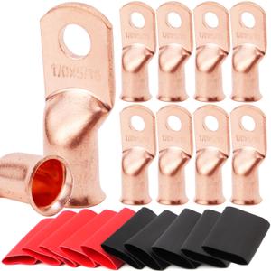 TKDMR 10pcs 1/0 AWG-5/16 Battery Lugs,Heavy Duty Wire Lugs,Ring Terminals,Battery Cable Ends,0 Guage terminals,Battery Terminal Connectors with 10pcs 3:1 Heat Shrink Tubing