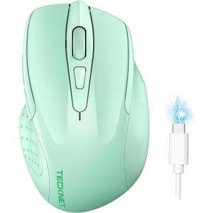 TECKNET Wireless Mouse (BT5.0/3.0 & 2.4G) Rechargeable 4800 DPI Silent USB A & Bluetooth Mouse 6 Buttons, Wide Compatibility - Green