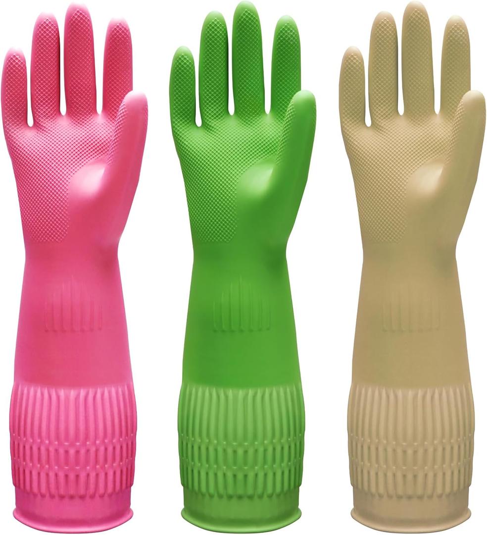 Bamllum 3 Pairs of Rubber Dishwashing Gloves for Kitchen and Household Cleaning  Long Cuff 15", Reusable, Flexible Long-lasting and Non-Slip (Red+Yellow+Green, Large)
