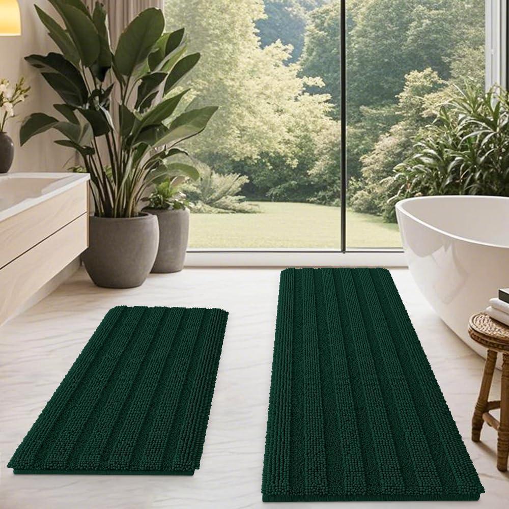 Christmas Striped Deep Green Bathroom Rug Mat Set 2 piece 24"x17"+48"x20" Ultra Soft, Non Slip Chenille Bath Rugs, Absorbent Plush Shaggy Bath Mats for Bathroom, Bedroom, Kitchen, Shower, Tub