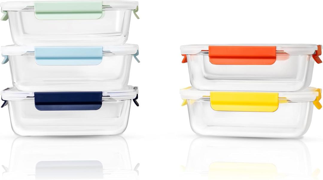 5-Pack 36oz Glass Food Storage Containers with Lids - Borosilicate Glass Meal Prep Container - Airtight, Leak-Proof Reusable Food Prep Containers, Microwave, Freezer, Oven Safe & BPA Free