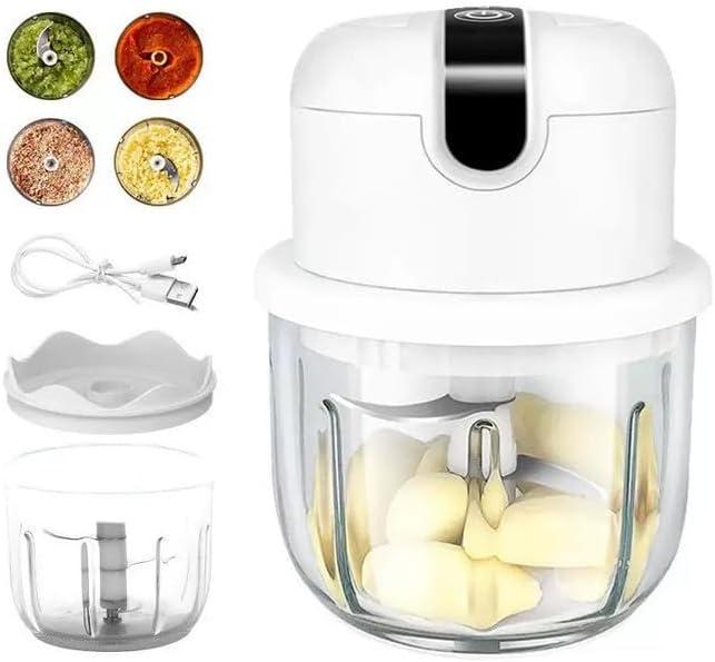 Electric Mini Food Chopper, USB Rechargeable, Wireless Garlic Mincer with Glass Bowl, White