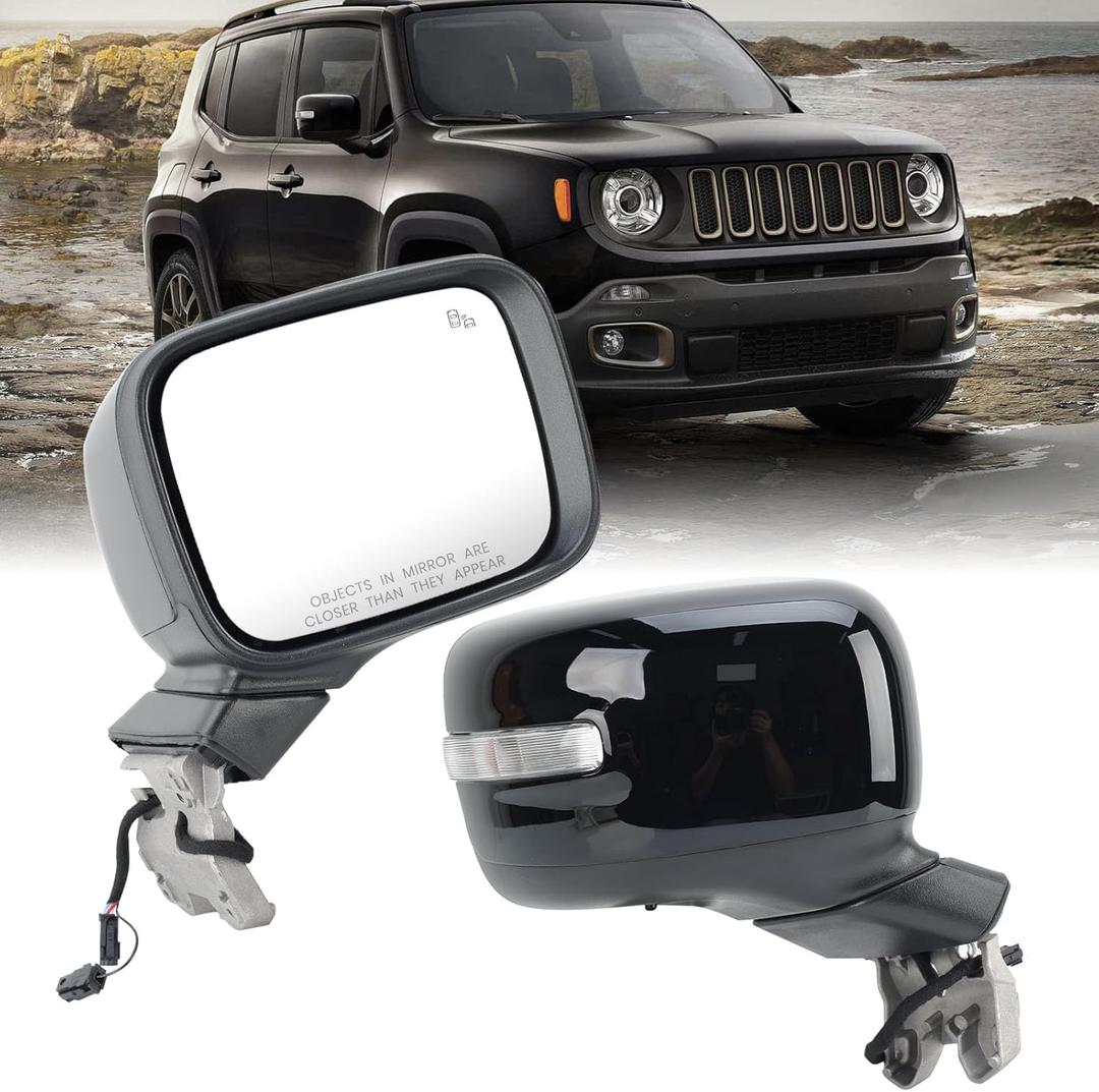 Passenger Side Mirror Compatible with Jeep Renegade 2015-2023 with Temperature Sensor Power Glass Heated with Turn Signal Blind Spot Manual Folding Bright Black Right Door Mirrors (73 Pins)