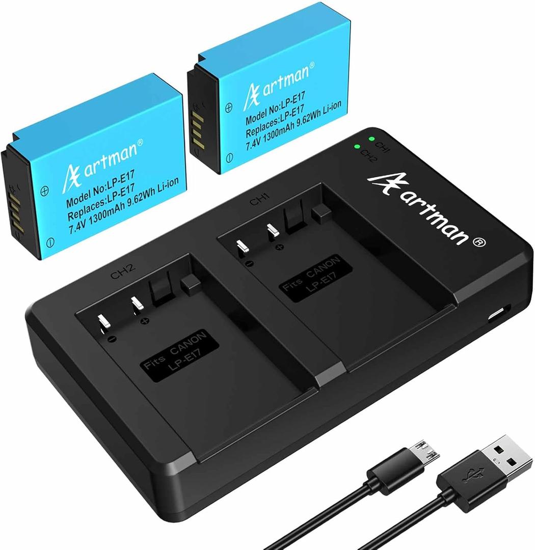 Artman LP-E17 Battery 2-Pack and Rapid Dual USB Charger for Canon EOS R100 R50 RP R10 R8, Rebel T8i, T7i, T6i, T6s, SL2 SL3, M3, M5, M6, 77D 200D 250D 750D 760D 800D 8000D Digital SLR Camera