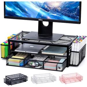 NCXTKJ 2-Tier Monitor Stand for Desk, Metal Computer Monitor Riser with Drawer and 2 Pen Holders, Laptop Riser Mesh Desk Organizer for Home Office Supplies Desktop Accessories, Black