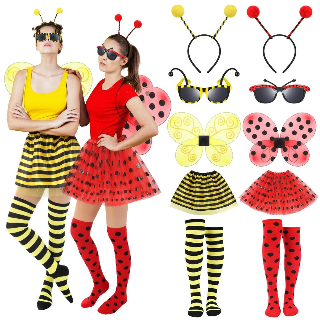 10 Pcs Halloween Bee and Ladybug Costume Set for Adults Include Tutu Skirt Wings Headband Glasses Knee High Socks for Women Bug Insect Party Halloween Cosplay Ladybug Bee Accessories, XS
