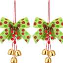 2 Pcs Red Green Christmas Jingle Bell with Velvet Ribbon Bows and Pine Cone Hanging Ornament Christmas Door Knob Hangers Tree Topper Wall Wreath Decoration for Cabinet Door Handle Knob Party Decor (Berry)