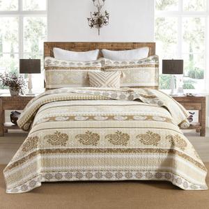 Brown Taupe Quilt, Paisley Comforter Set Queen 100% Cotton Bedding Comforter Sets,Striped Pattern Bed Set, Lightweight Reversible Bedspreads, Machine Washable Coverlet Neutral 3 Pieces