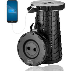 Portable Telescopic Stool with Mobile Charger 4400mAh, Collapsible Stool Built-in Phone Charger for iPhone Android, Foldable Seat for Camping Hiking Fishing Picnic Max Load 400lbs (Black)