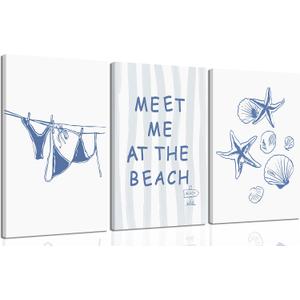3pcs Blue Trendy Coastal Beach Canvas Wall Art Bikini Seashell MEET ME AT THE BEACH Wall Decor Pictures Coastal Granddaughter Preppy Aesthetic Poster Print for Bedroom Dorm Apartment Home Decoration