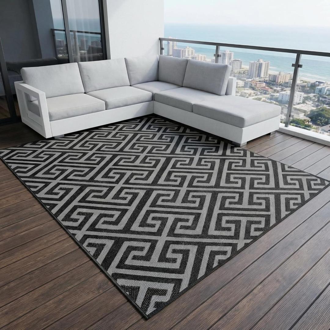 Outdoor Rug Waterproof for Patio Decor, 9x12 ft Reversible Plastic Straw Rug Carpet, Camping Mat for Outdoor, RV, Backyard, Deck, Balcony, Picnic, Beach, Black Grey 2