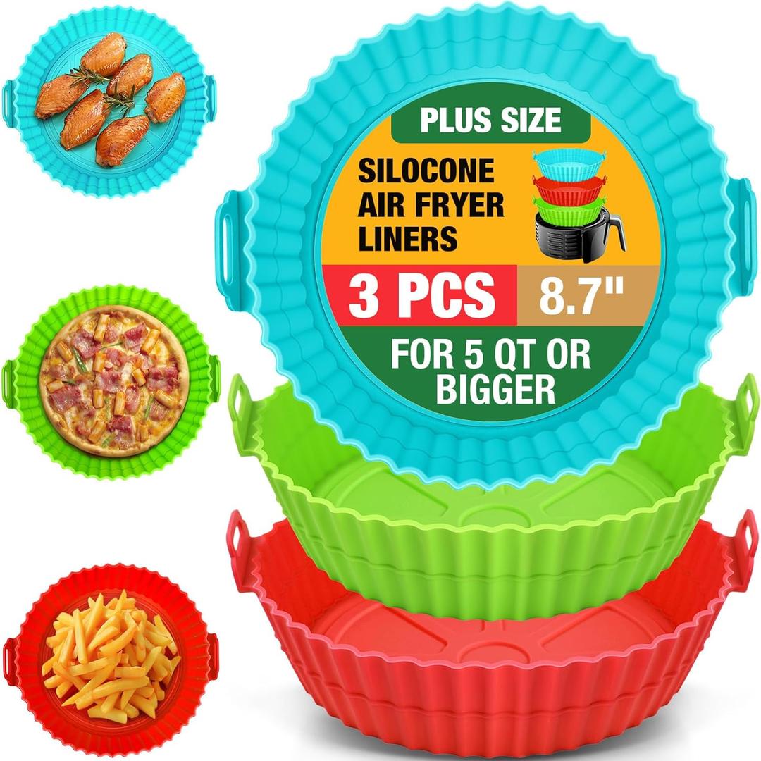 3 Pack Air Fryer Silicone Liners for 5 QT or Bigger, Reusable Food Grade Silicone Airfryer Liners Pot Baking Basket Accessories Replacement of Flammable Disposable Parchment Paper Top 8.7 inch