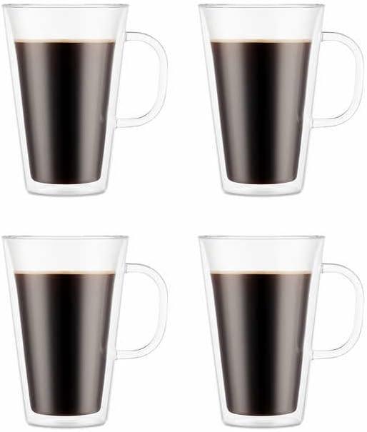 Bodum Canteen Double Wall Mugs, 4-Piece Set (13.5 Floz, Double Wall Glass, Clear)
