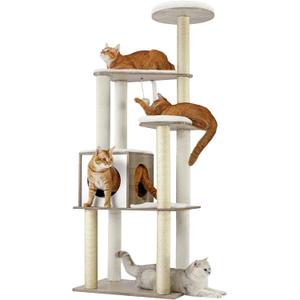 Feandrea Cat Tree, 64.6-Inch Modern Cat Tower, Multi-Level Condo with 5 Scratching Posts, Perch, Washable Removable Cushions, Cave, Heather Greige UPCT166G01