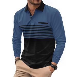 Mens Striped Golf Polo Shirts Color Block Long Sleeve Casual Shirt (S)