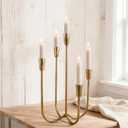 Cast Iron Candelabra 5-Taper Candle Holders, Golden Metal Candlestick Holders Tabletop Candles Stand, Decorative Table Centerpieces Mantel Decor, Antique Brass