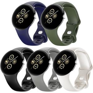 5 Pack Watch Bands Compatible with Google Pixel 2/Pixel 3/Pixel 4 41mm for Women Men,Soft Silicone Durable Sport Replacement Strap for Pixel Watch 41mm Smartwatch Accessories (black/white/blue/Field green/Blown grey)