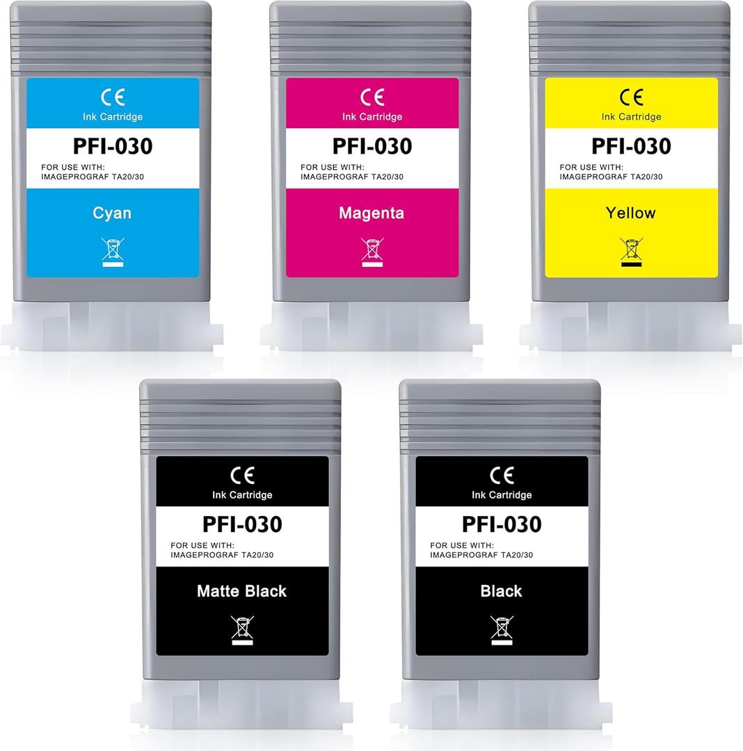 PFI-030 Ink Cartridge PFI-030MBK PFI-030BK PFI-030C PFI-030M PFI-030Y Replacement for Canon imagePROGRAF TA-20 TA-30 TM-240 TM-340 Printer Ink, 55ML 5-Pack (Matte Black, Black, Cyan, Magenta, Yellow)