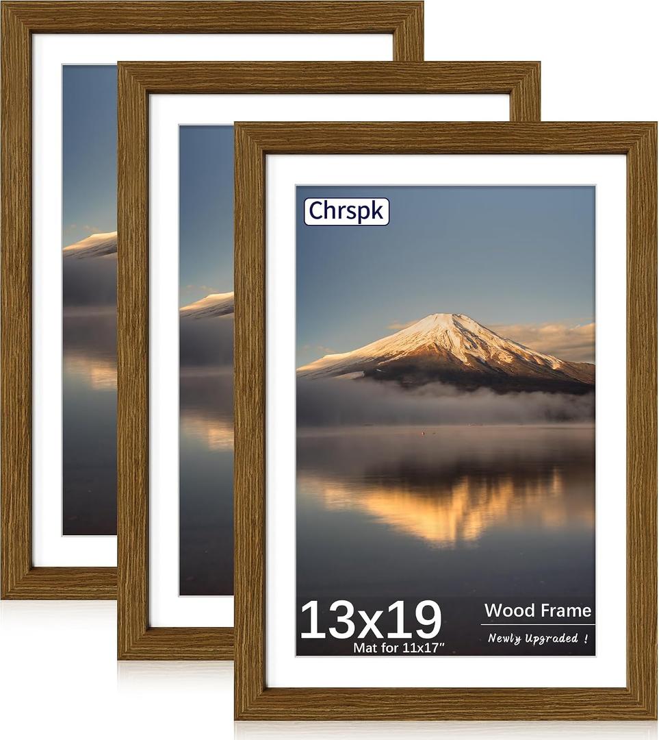 13x19 Poster Frame, Rustic Brown Wood Frame with 11x17 Mat, 3 Pack