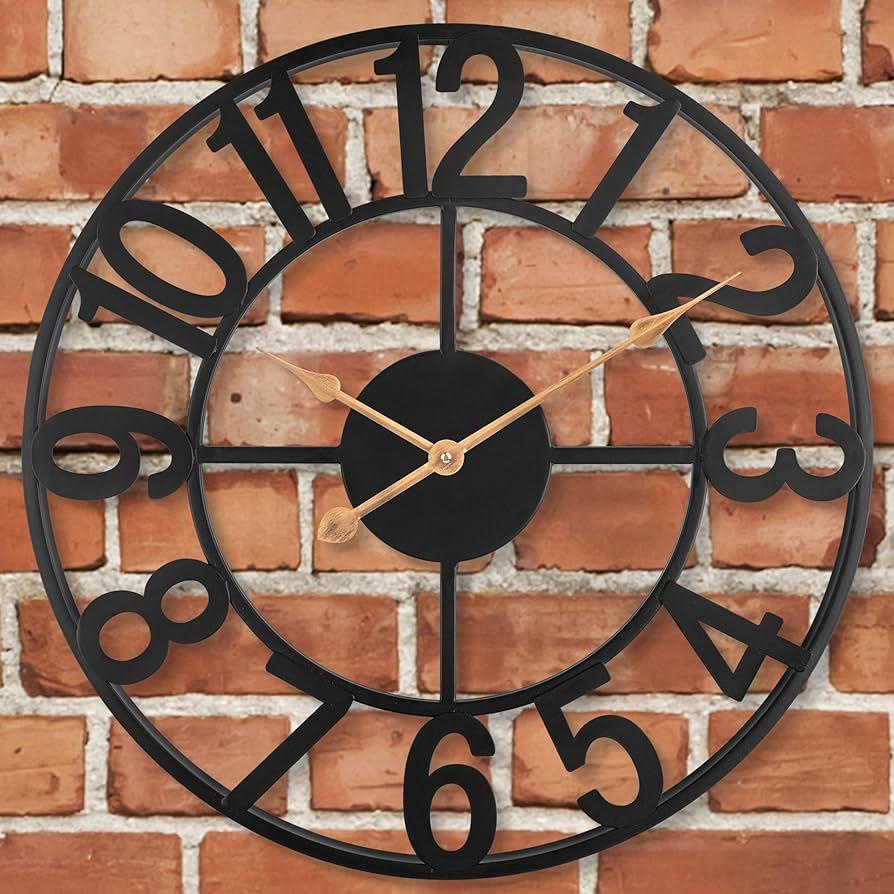 Outdoor Clock, 14 Inch Large Roman Numeral Outdoor Wall Clocks Battery Operated, Silent Small Vintage Modern Farmhouse Metal Indoor Outdoor Clock for Patio, Garden, Living Room, Kitchen Decor - Black
