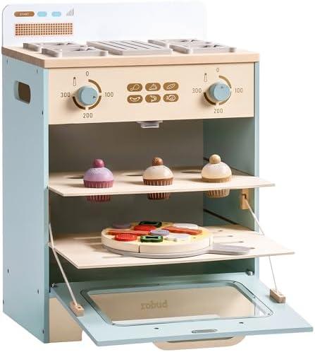 ROBUD Wooden Kids Oven Toy with Cupcakes, Pizza & Kitchen Accessories | Realistic wooden kids oven with cupcakes, pizza, and tray, inspiring creative pretend cooking play for boys and girls