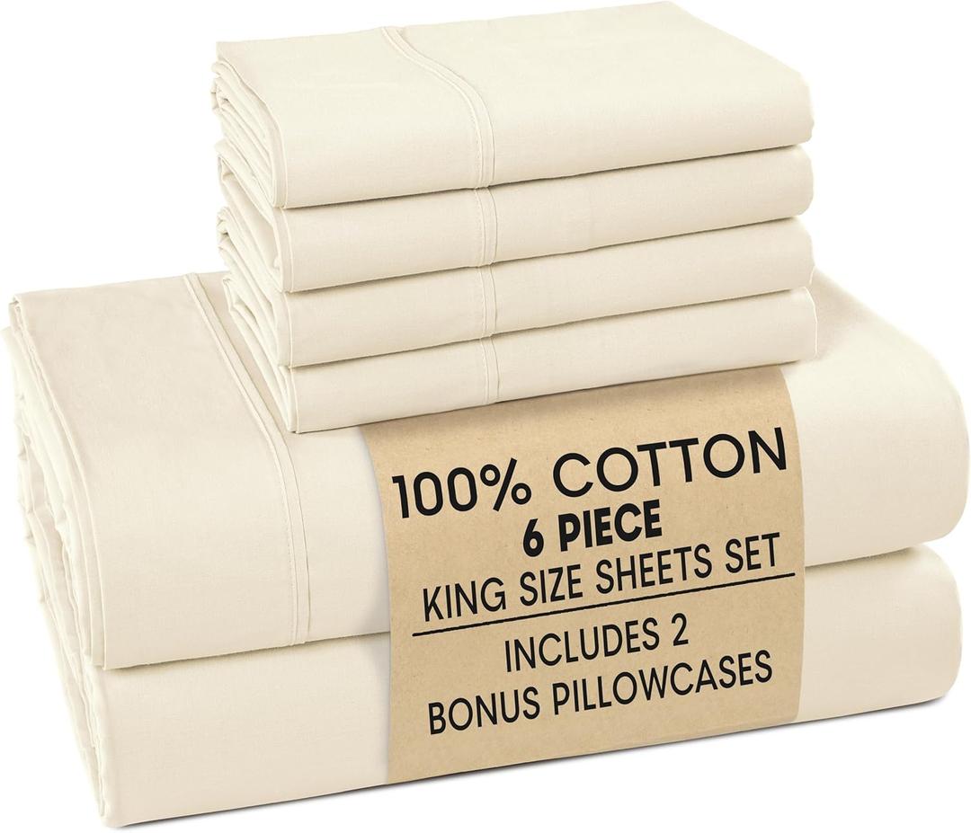 Casa Platino King Bed Sheets Set Breathable 6 Piece Percale Cooling King Sheets with Crisp Feel, with 15 Inch Deep Pocket Fitted Sheet, Ultra Soft & Cozy Feel, Fit Ivory