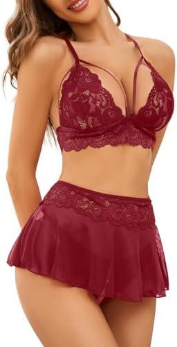 PITINAN Sexy Lingerie for Women Naughty 3 Piece Lace Bralette, Mini Skirt with G-String Crotchless Teddy Lingerie Set Size S