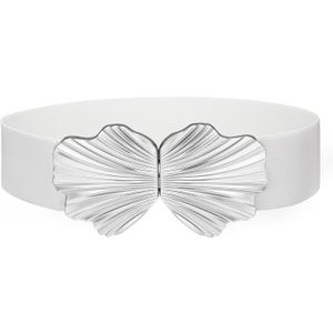 XZQTIVE Womens Wide Elastic Belt for Dresses Stretchy Fashion Waist Belt for Ladies with Boho Shell Gold Buckle (White)