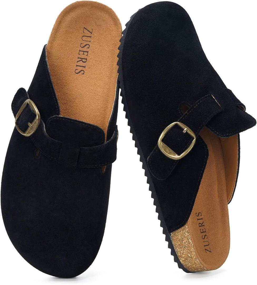 ZUSERIS Women's Men's Suede Clogs Wide Width Leather Mules Cork Footbed Sandals Slip on Comfort Potato Shoes with Arch Support (9.5 Women/8.5 Men, Black)