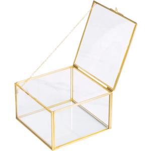 Golden Square Vintage Brass & Clear Glass Decorative Box Home Decor, Small Jewelry Case Box Organizer with Latching Lid, 5x5x3in