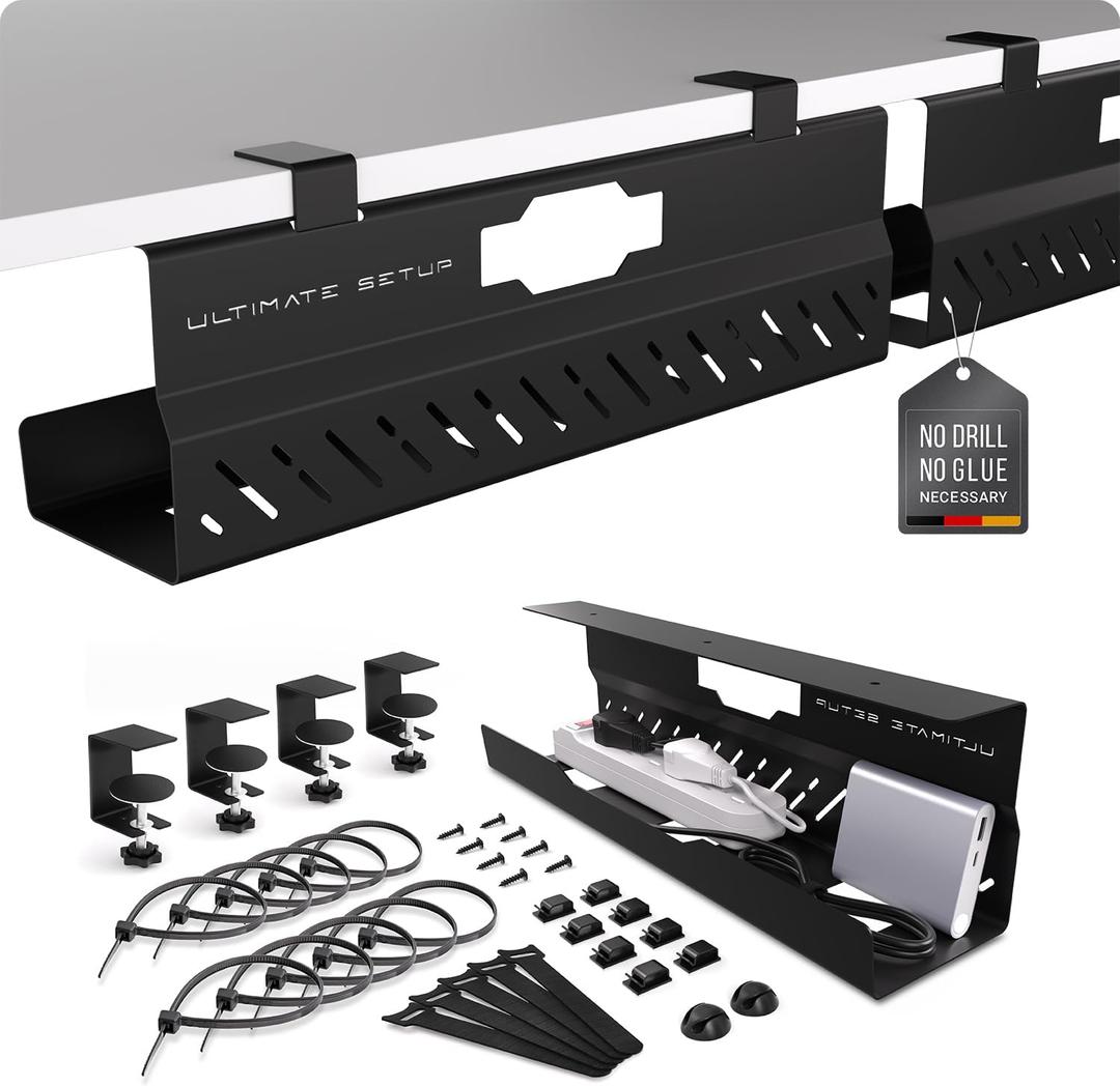 Under Desk Cable Management Tray no Drill  Wire Management - Cord Organizer  Huge Load Capacity  Under Desk Cable Tray no Drill (Black, 2 Pieces Set)