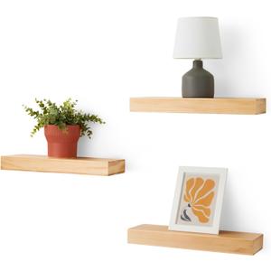Amazon Basics Wood Floating Wall Shelves, 3-Pack, Pine, 15.8" x 5" x 1.8", Natural Wood Finish