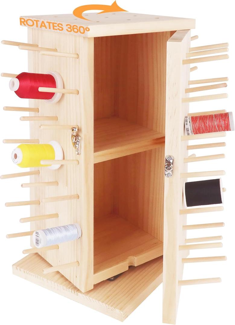 New brothread 93 Spools (DIY) 360 Fully Rotating Wooden Thread Rack/Thread Holder Organizer with Inner Storage Compartments for Sewing, Quilting, Embroidery, Hair-braiding and Jewelry