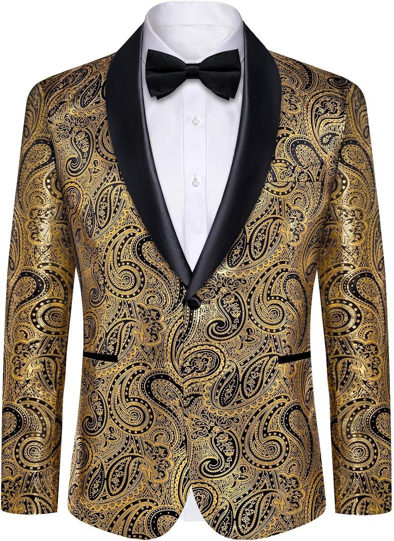 DiBanGu Mens Blazer One Button Shawl Lapel Tuxedo Sport Coat Casual Dress Suit Jacket for Men Wedding Party Prom, Black and Gold, Large