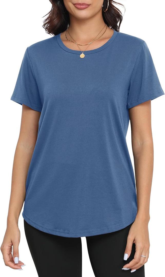 PRIMODA Womens Loose Fit Shirts Casual Short Sleeve Summer Flowy Tunic Tops Plain Long T Shirts (Large, Haze Blue)