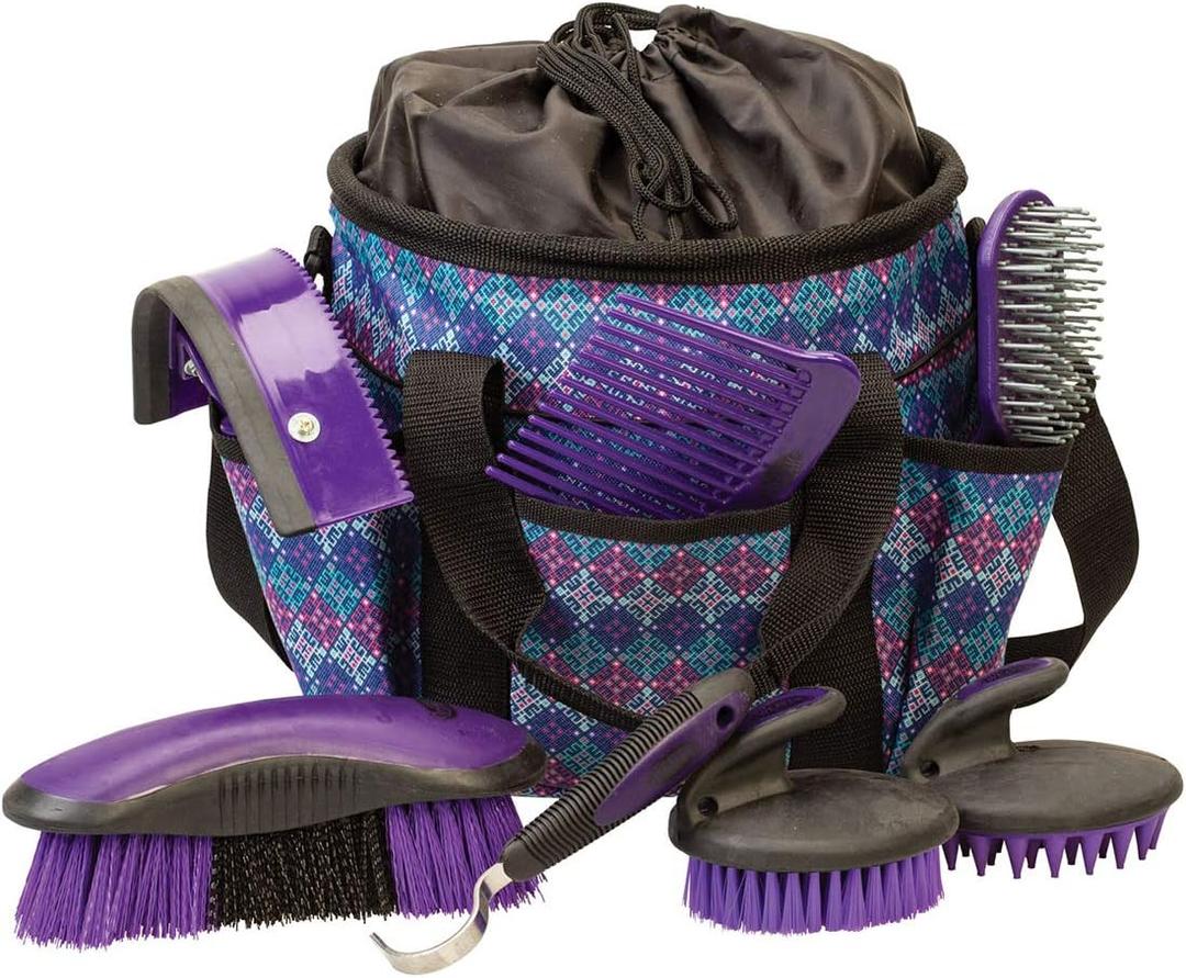 Weaver Equine Horse Grooming Kit, 7-Piece Horse Brush Set with Organizer Tote Bag, Hoof Pick, Comb, Sweat Scraper, Equine Tools for Daily Grooming, Purple Geo