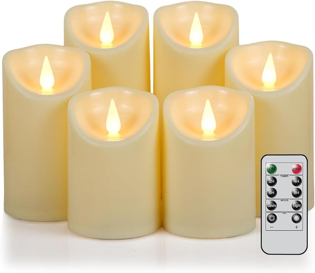 DRomance 6 Pack Flameless Pillar Candles Battery Operated with 10-Key Remote and Timer LED Flickering Candles Ivory Plastic Dinner Wedding Holiday Indoor Decor(3" D x 4", 5", 6" H)