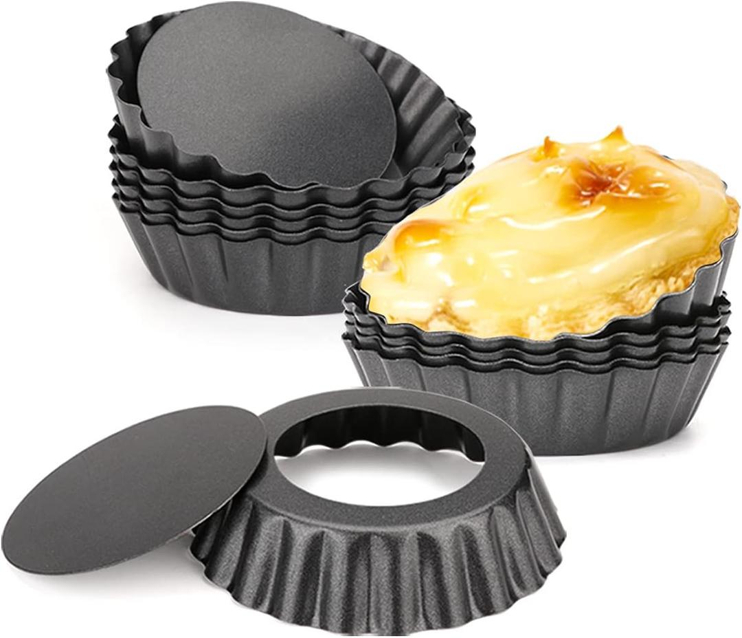 12 pcs Egg Tart Molds, 3" Mini Tart Pans Removable Bottom, Cupcake Cake Muffin Mold Tin Pan Baking Tool, Reusable Quiche Bakeware Carbon Steel for Pies, Quiche, Cheese Cakes, Desserts (3-inch Set of 12 Black)