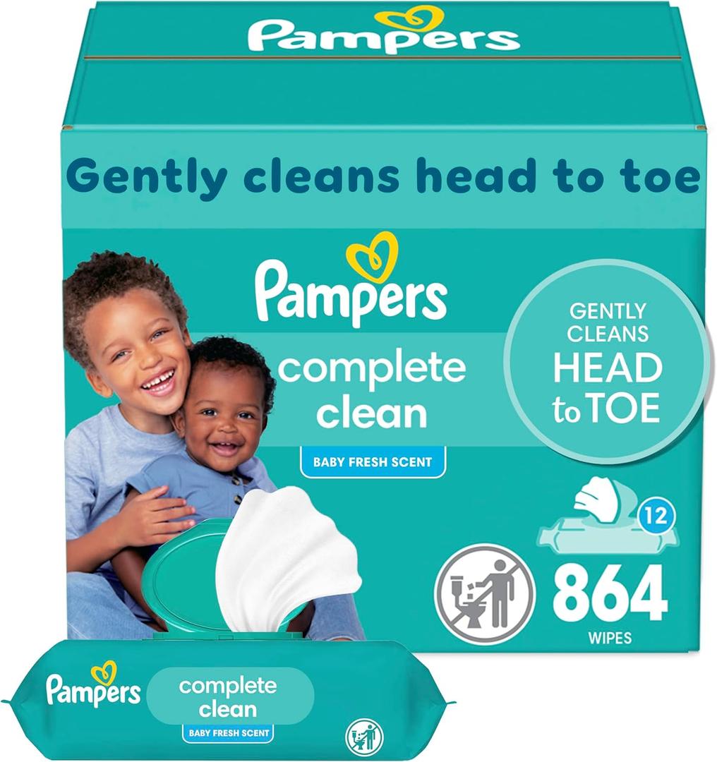 Pampers Baby Wipes, Complete Clean Baby Fresh Scented Wipe, Gently Cleans Head to Toe, 864 Total (12 Flip-Top Packs)