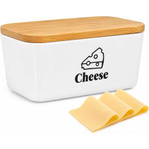 Cheese Container for Refrigerator, Ceramic Cheese Keeper with Airtight Bamboo Lid, Lunch Deli Meat Containers for Fridge,Shredded Cream Block Sliced,Grated,Cheddar Cheeses Storage Box Saver keeper, 700 ml